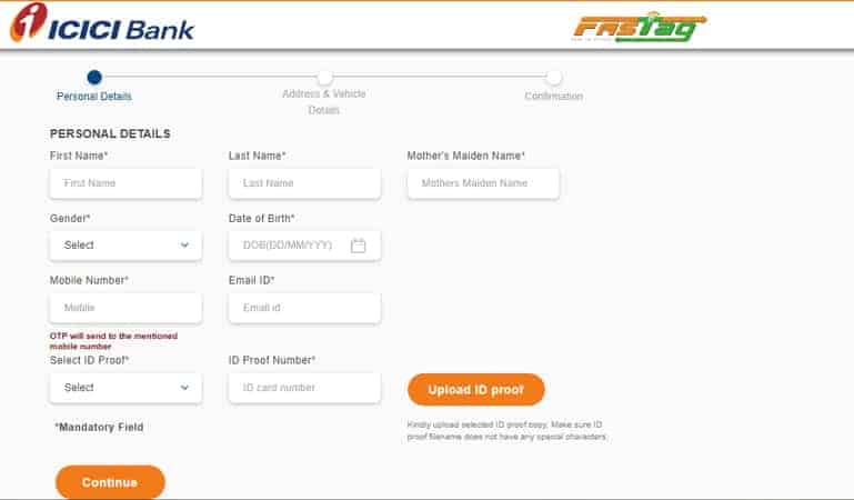 ICICI Bank FASTag Application Form
