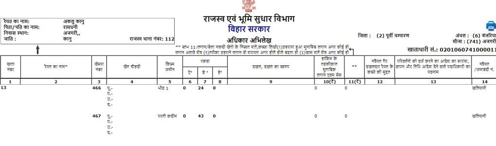 Bihar Adhikar Abhilekh Jamabandi Details